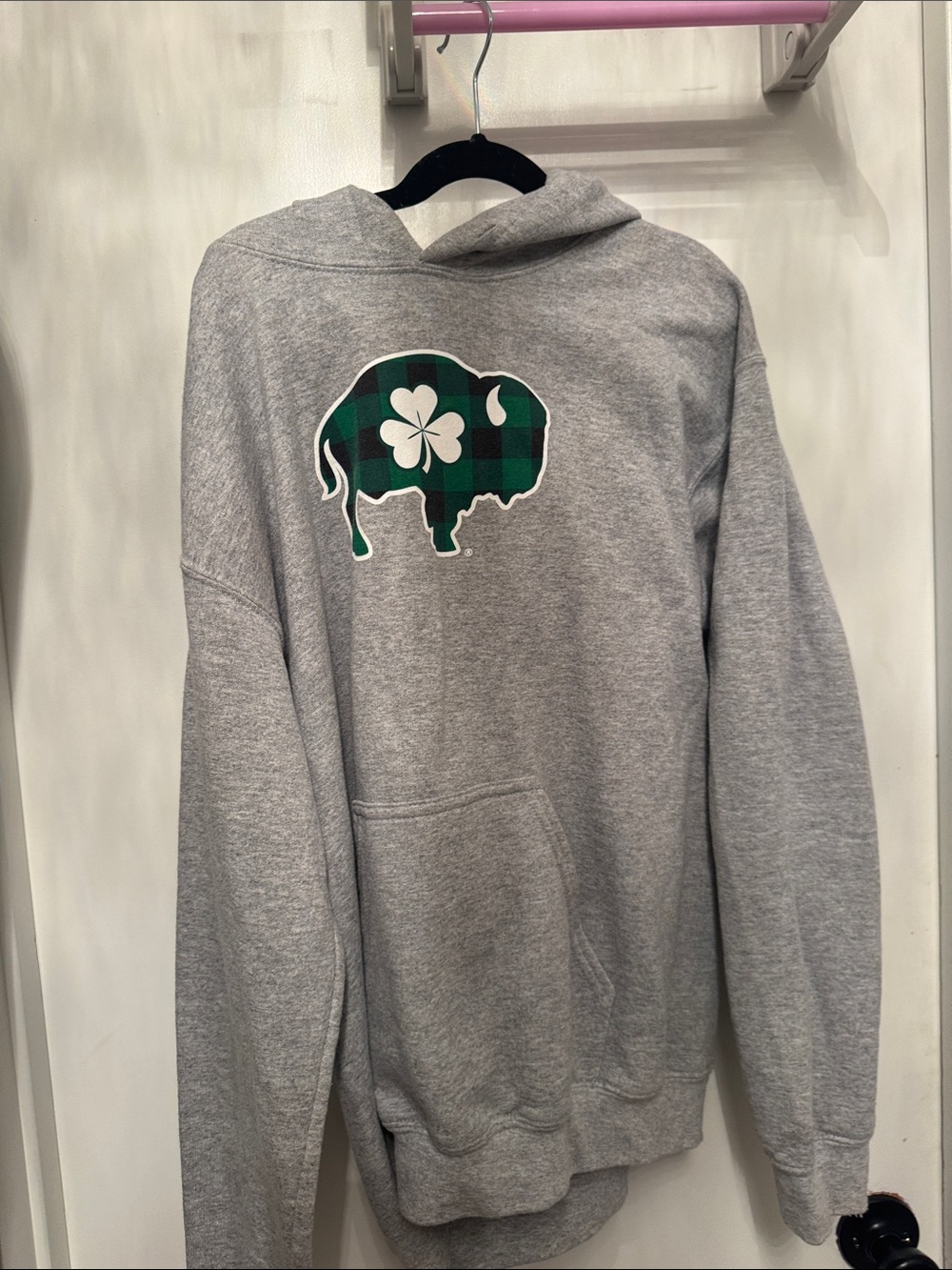 Gildan Gray Hoodie with Green Plaid Buffalo Graphic